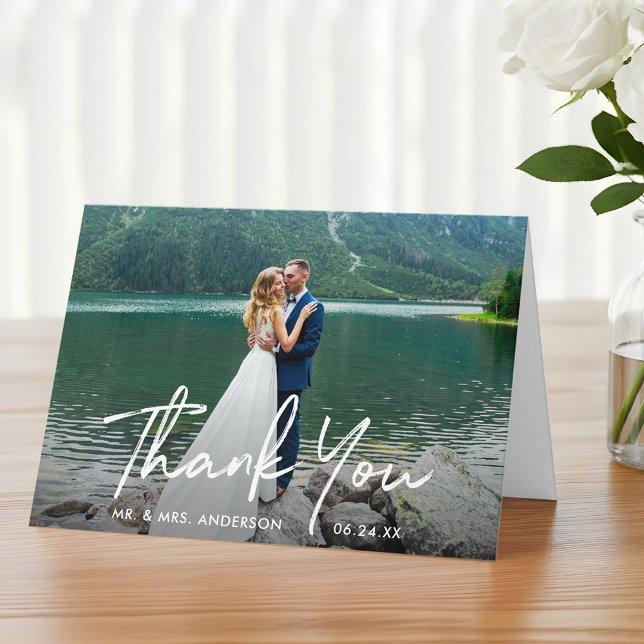 Cartão De Agradecimento Handwritten Script Wedding Photo Fold (Customize to add text to inside of card.)