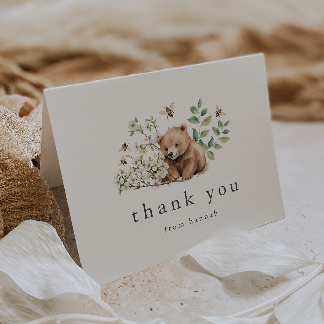 Cartão De Agradecimento HANNAH Neutral Bear Boho Woodland Chá de fraldas (HANNAH Neutral Bear Bee Boho Woodland Baby Shower Thank You Card)