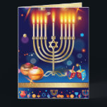 Cartão De Agradecimento Hanukkah Beautiful Gold Menorah Greeting Card<br><div class="desc">Happy Hanukkah Beautiful Jewish Holiday Greeting Card. Jewish Holiday Hanukkah background with traditional Chanukah symbols - wooden dreidels (spinning top),  donuts,  menorah,  candles,  star of David and glowing lights wallpaper pattern. Hanukkah Festival Decoration. Jerusalem,  Israel. Invitations & Stationery,  Greeting Cards,  Thank You!</div>