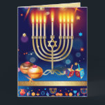 Cartão De Agradecimento Hanukkah Beautiful Gold Menorah Greeting Card<br><div class="desc">Happy Hanukkah Beautiful Jewish Holiday Greeting Card. Jewish Holiday Hanukkah background with traditional Chanukah symbols - wooden dreidels (spinning top),  donuts,  menorah,  candles,  star of David and glowing lights wallpaper pattern. Hanukkah Festival Decoration. Jerusalem,  Israel. Invitations & Stationery,  Greeting Cards,  Thank You!</div>