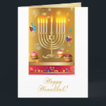 Cartão De Agradecimento Hanukkah Beautiful Gold Menorah Jewish Holiday<br><div class="desc">Happy Hanukkah Beautiful Jewish Holiday Greeting Card. Jewish Holiday Hanukkah background with traditional Chanukah symbols - wooden dreidels (spinning top),  donuts,  menorah,  candles,  star of David and glowing lights wallpaper pattern. Hanukkah Festival Decoration. Jerusalem,  Israel. Invitations & Stationery,  Greeting Cards,  Thank You!</div>