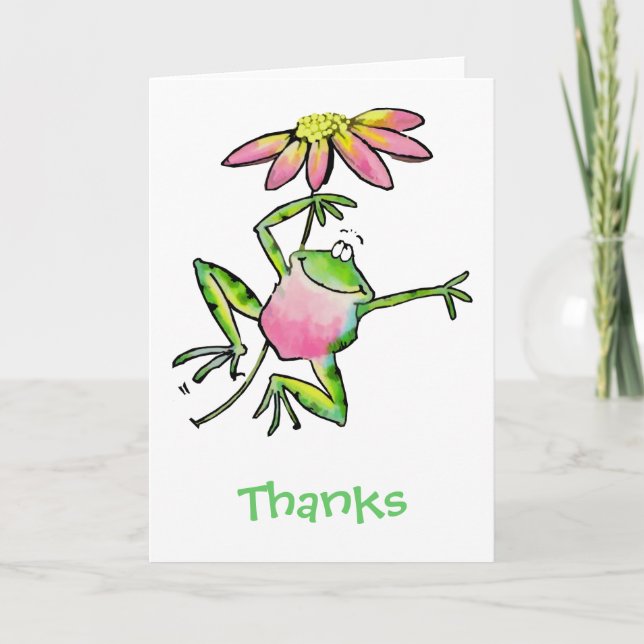 Cartão De Agradecimento Happy Leaping Frog with Pink Daisy (Frente)
