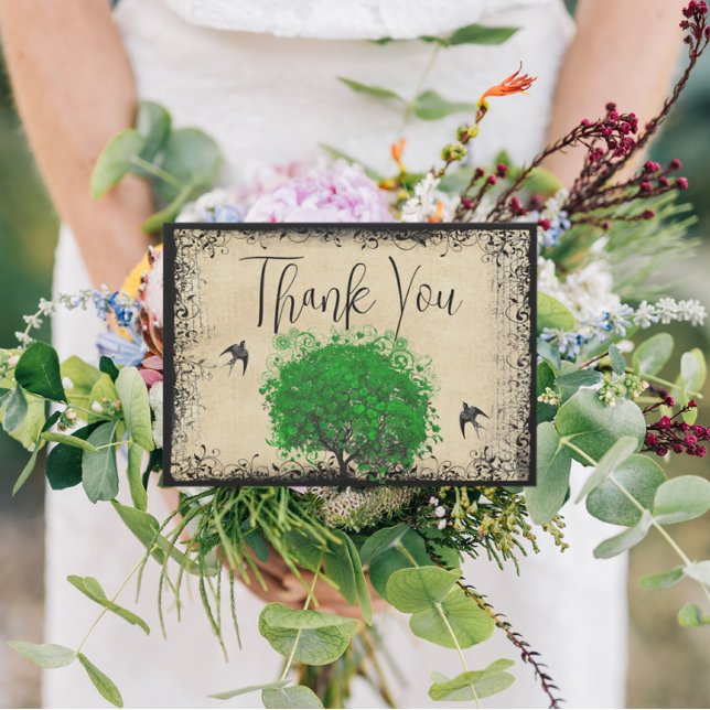 Cartão De Agradecimento Heart Leaf Emerald Tree Love Bird Obrigado (Criador carregado)