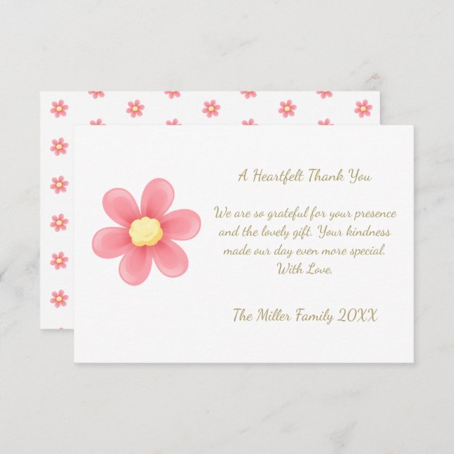 Cartão De Agradecimento Heartfelt Thank You Card with Pink Daisy  (Frente/Verso)