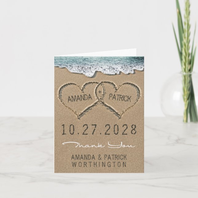 Cartão De Agradecimento Hearts in the Sand Beach Wedding Thank You Cards (Frente)