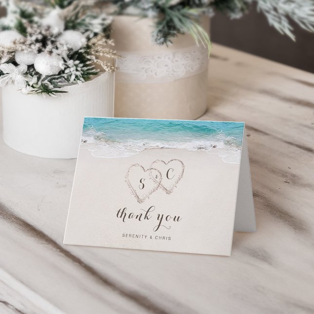 Cartão De Agradecimento Hearts in the sand destination beach wedding (Hearts in the sand destination beach wedding thank you card)