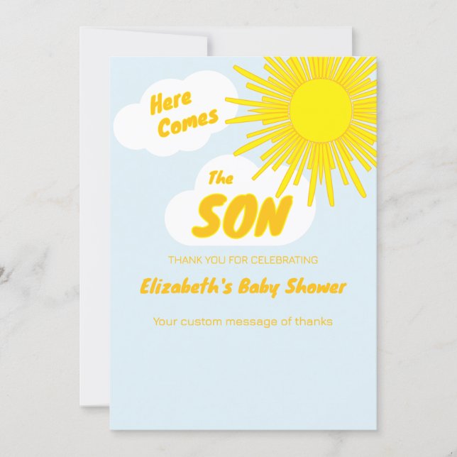 Cartão De Agradecimento Here Comes The Son Boy Baby Shower (Frente)
