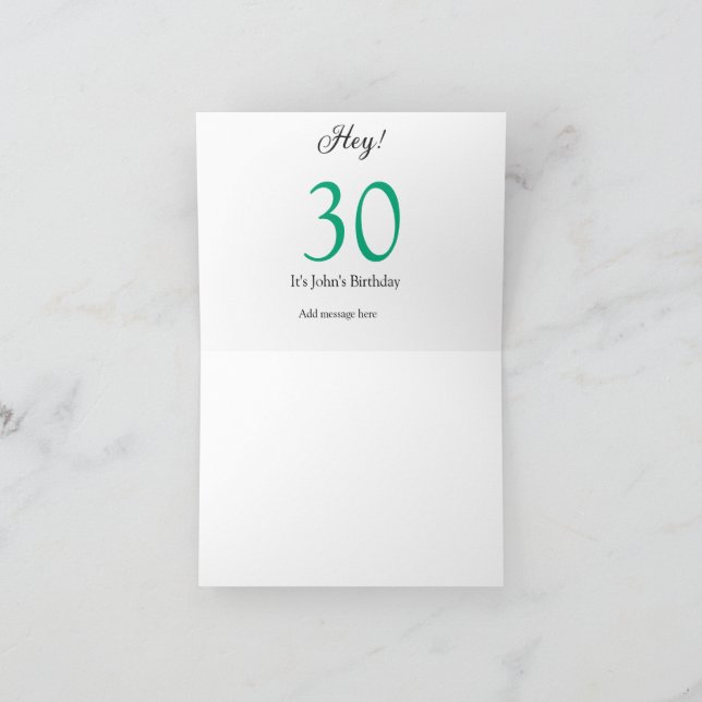 Cartão De Agradecimento Hey it's 30th birthday green black bold letter nam (Interior)