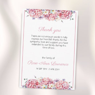 Cartão De Agradecimento Hidrângea Floral Funeral Aquarela Rosa