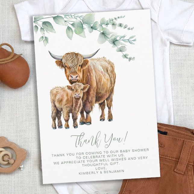 Cartão De Agradecimento Highland Cow Boho Sage Chá de fraldas Verde (Criador carregado)