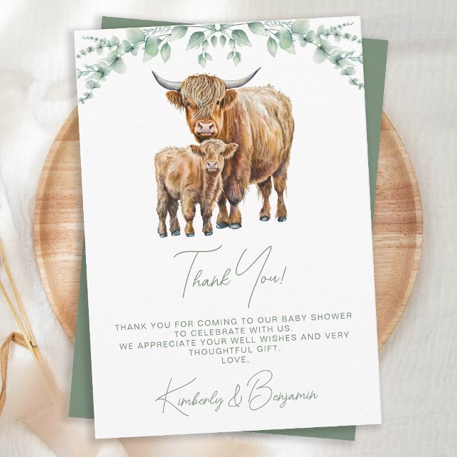 Cartão De Agradecimento Highland Cow Greenery Boho Fazenda Chá de fraldas  (Criador carregado)
