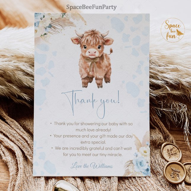 Cartão De Agradecimento Highland Cow Holy Cow baby shower Boy (highland cow baby shower,holy cow baby shower,baby shower invitation,thank you  card shower,farm ani)