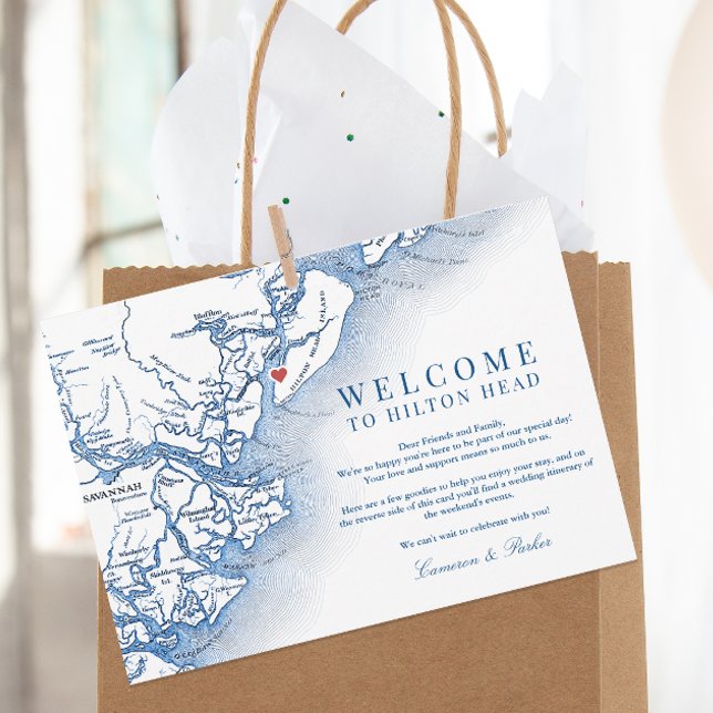 Cartão De Agradecimento Hilton Head Marinho Wedding Itinerário de Boas-vin (Elegant HIlton Head Wedding Welcome Letter with wedding weekend itinerary with South Carolina map)