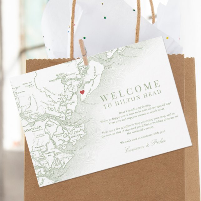 Cartão De Agradecimento Hilton Head Sage Green Wedding Itinerário (Hilton Head Map Wedding Welcome Letter and Weekend Events Schedule in Sage Green Coastal Map Designs)
