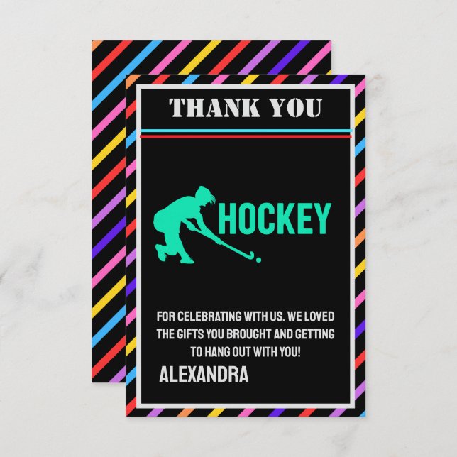 Cartão De Agradecimento Hockey Birthday Party, Hockey Girl Player  (Frente/Verso)