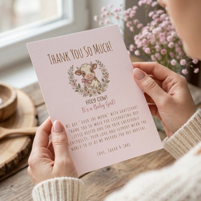 Cartão De Agradecimento Holy Cow Baby Shower Pink Farmhouse (Criador carregado)