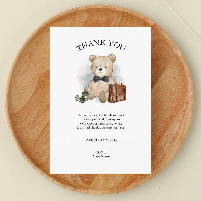 Cartão De Agradecimento Homem Pequeno, Chá de fraldas, Urso de Teddy (Little Man is on The Way - Funny Boy Baby Shower Theme featuring Teddy Bear - Thank You Card)