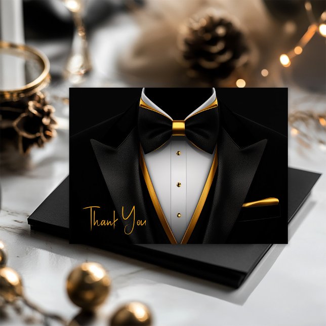 Cartão De Agradecimento Homens Smoking Preto Dourado Festa de Aniversário (Mens black and gold thank you cards with tuxedo design. Add your printed message or leave blank.)