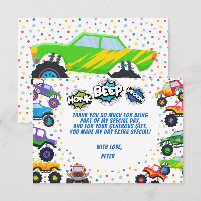 Cartão De Agradecimento Honk beep vroom caminhões monstro aniversário cria (Frente/Verso)