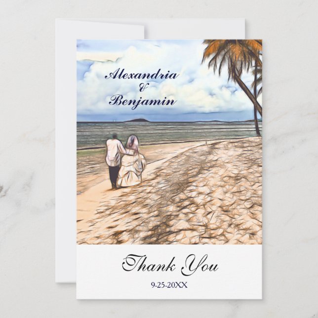 Cartão De Agradecimento Horário Tropical de Verão, Casamento com Aquarela (Frente)