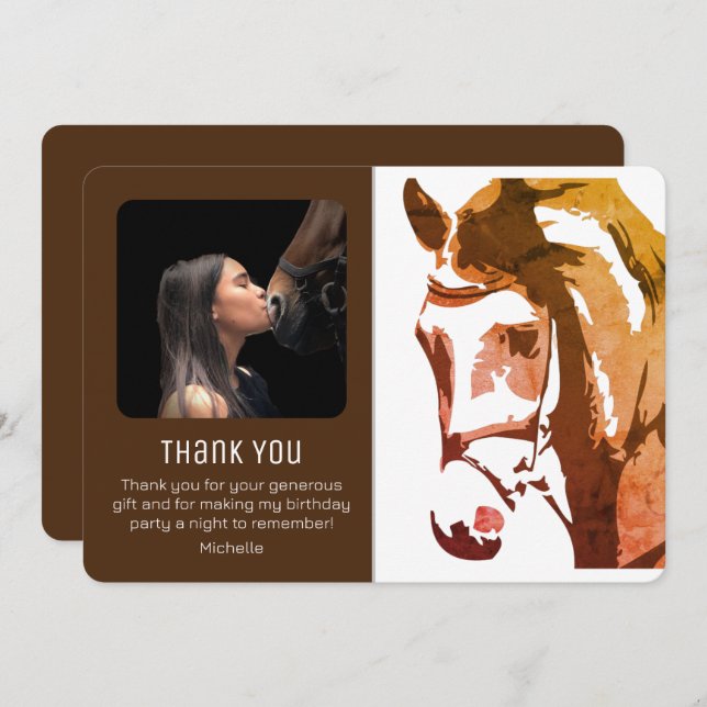 Cartão De Agradecimento Horse Sketch Modern Brown e White Birthday FOTO (Frente/Verso)