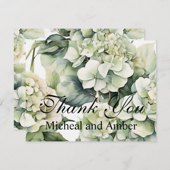 Cartão De Agradecimento Hortênsias florais em aquarela verde branco elegan (Frente/Verso)