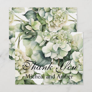 Cartão De Agradecimento Hortênsias florais em aquarela verde branco elegan
