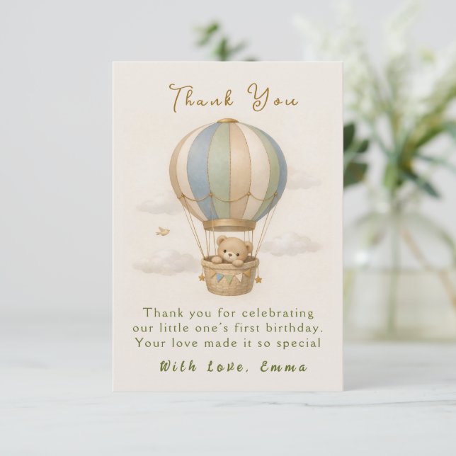 Cartão De Agradecimento Hot Air Balloon First Birthday Thank You Card (Em pé/Frente)