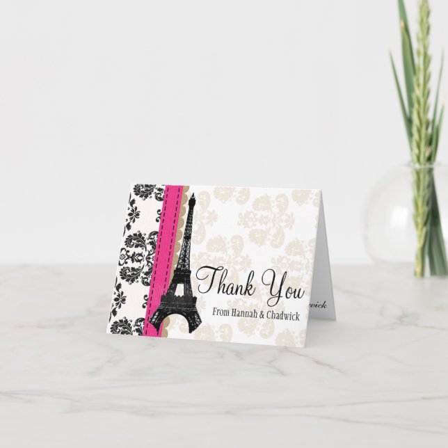 CARTÃO DE AGRADECIMENTO HOT PINK AND BLACK DAMASK EIFFEL TOWER THANK YOU (Frente)