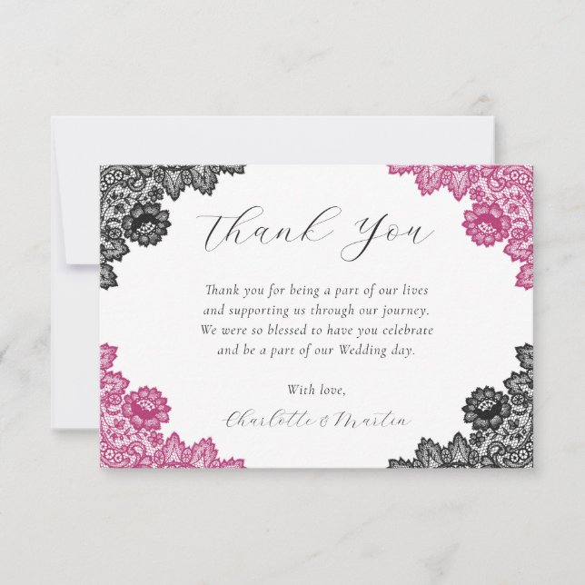Cartão De Agradecimento Hot Pink and Black Rustic Floral Lace Wedding (Frente)