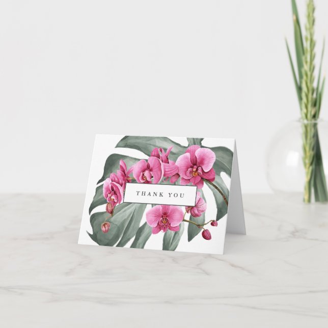 Cartão De Agradecimento Hot Pink Orchids on Monstera Tropical Thank You (Frente)
