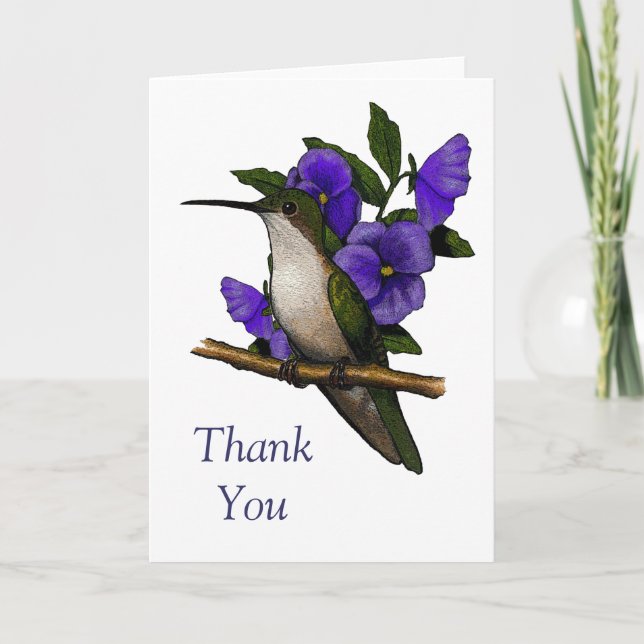 Cartão De Agradecimento Hummingbird With Purple Pansies: Thank You: Art (Frente)