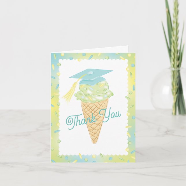 Cartão De Agradecimento Ice Cream Graduation Party Blue Green (Frente)