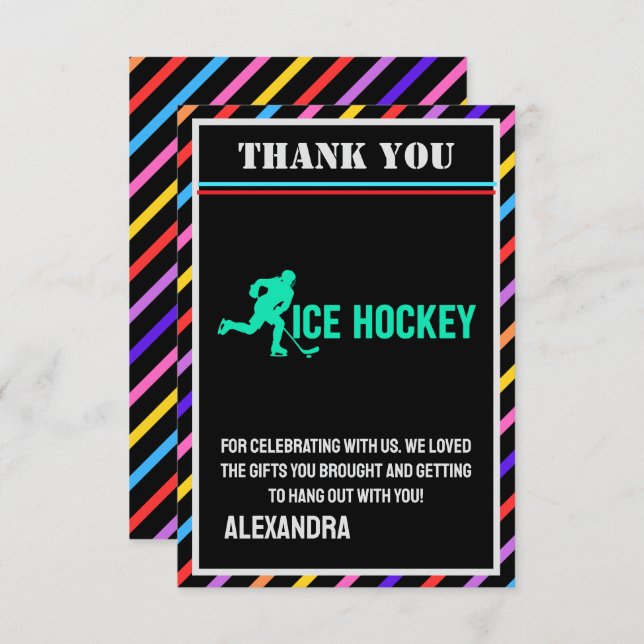 Cartão De Agradecimento Ice Hockey Birthday Party, Ice Hockey Girl Player  (Frente/Verso)