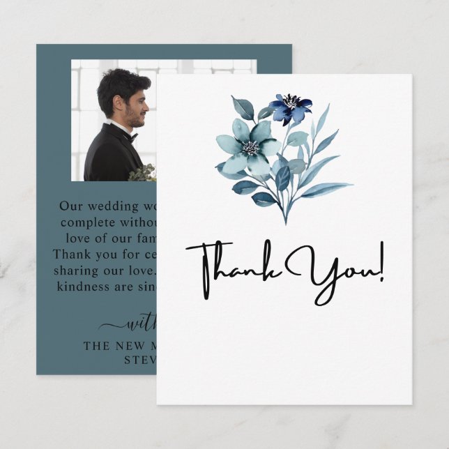 Cartão De Agradecimento Ilustração de Aquarela Rústica Buquê Floral Azul (Frente/Verso)