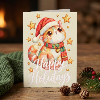 Cartão De Agradecimento Ilustração de Gato de Natal Fofo com Charme Festiv