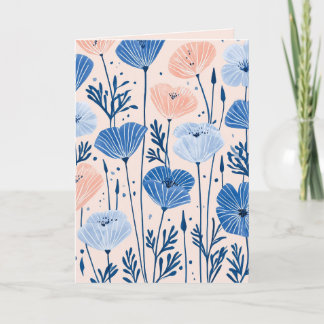 Cartão De Agradecimento Ilustração de Papoulas Rosa e Azuis