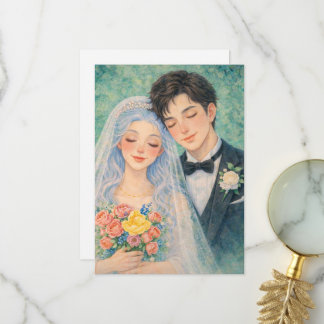 Cartão De Agradecimento Ilustração em Aquarela de Casal de Noivos Romântic