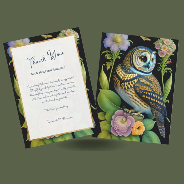 Cartão De Agradecimento Ilustração Floral do Owl Green Personalizada (Criador carregado)