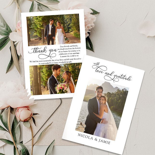 Cartão De Agradecimento Imagem de Casamento Simples Moderno 3 da Caligrafi (Love and Gratitude Wedding Photo Thank You Card with elegant modern calligraphy and 3 photos)
