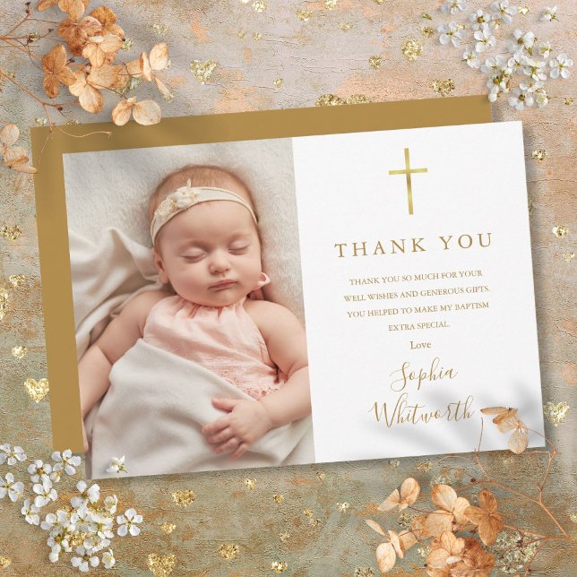 Cartão De Agradecimento Imagem de Natal do Baptism Dourado Elegante (Elegant Gold Script Baptism Christening Photo Thank You Card)