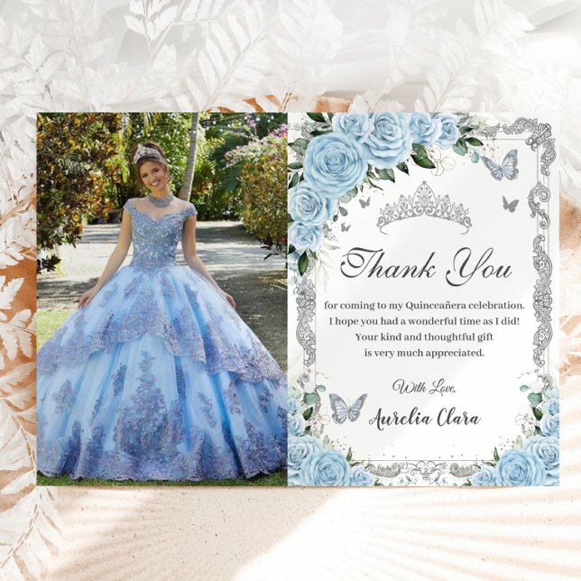 Cartão De Agradecimento Imagem de Quinceañera, Sweet Floral Sky Blue (Criador carregado)