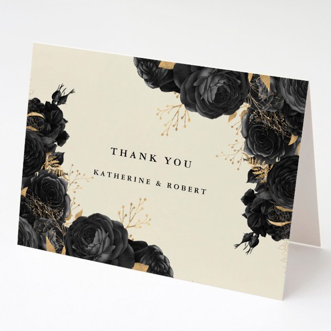 Cartão De Agradecimento Imagem de Rosas Pretos Dourados com Aquarela (Criador carregado)