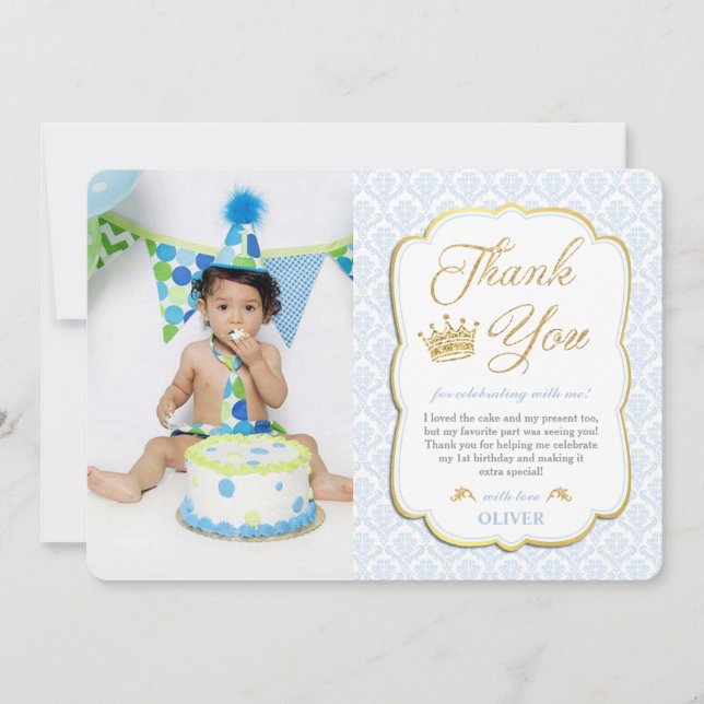 Cartão De Agradecimento Imagem do Pequeno Príncipe Birthday Blue Damask (Frente)