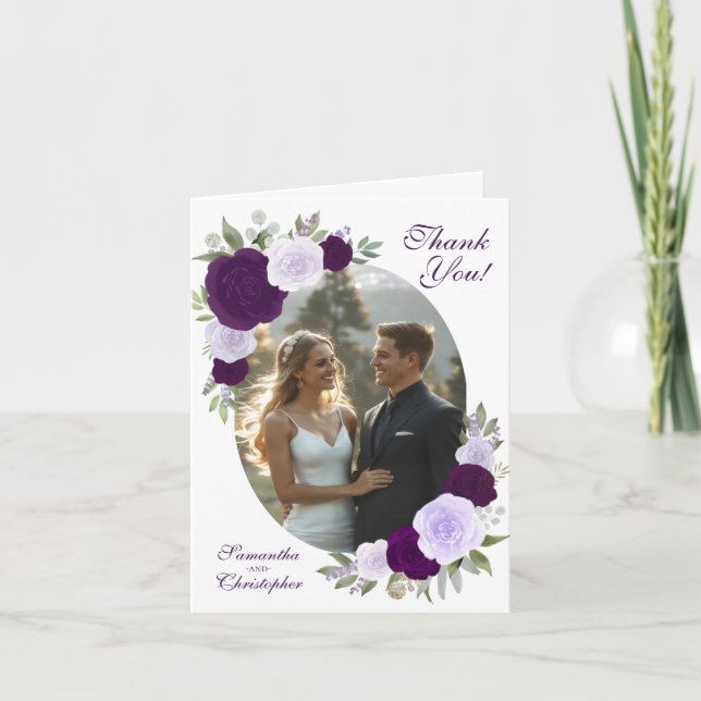 Cartão De Agradecimento Imagem Oval Roxa Boho Rosas Código QR Casamento  (Frente)