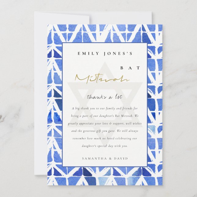 CARTÃO DE AGRADECIMENTO INDIGO AZUL WATERCOLOR CHEVRON BAT BAR MITZVAH (Frente)