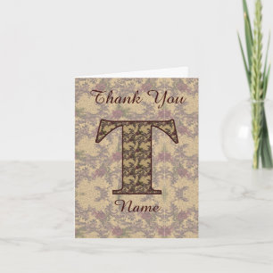 Cartão De Agradecimento Inicial de Monograma T Floral Vintage Elegante 