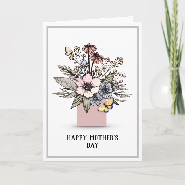 Cartão De Agradecimento Ink Drawn Floral Vase Mother's Day Card (Frente)