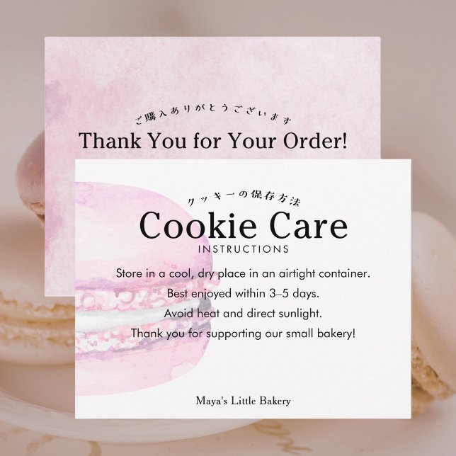 Cartão De Agradecimento Instruções de Cuidados com Macaron de Cookie Rosa  (Criador carregado)