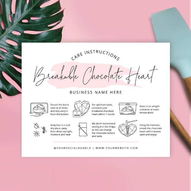 Cartão De Agradecimento Instruções para cuidados cardíacos com chocolate q (Feminine breakable chocolate heart care & how to instructions thank you card for your bakery)